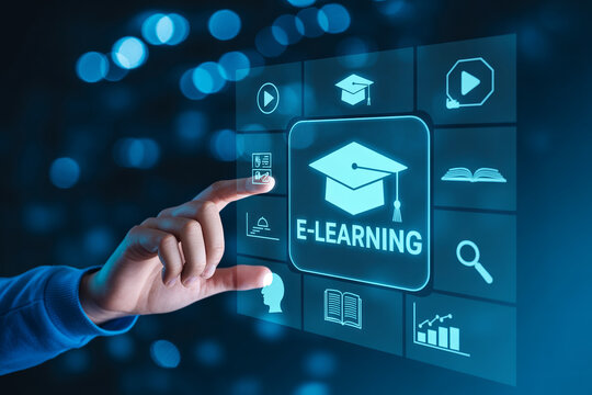Student hand touch e-learning screen. learning online course, distant education, webinar, or training concept.