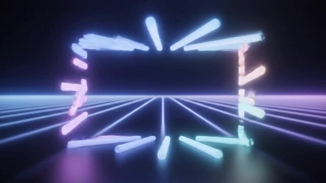 Abstract glowing rectangle with neon lights on futuristic grid or Neon rectangle light framing a cybernetic grid in seamless loop