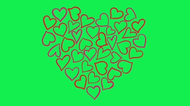 Hand Drawn Red and Pink Hearts Collage Animation on Green Screen