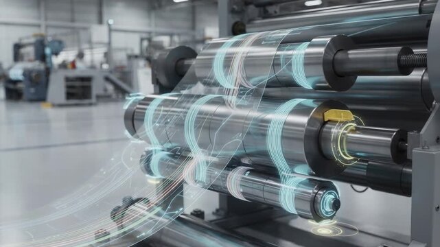 Medium shot of a digital twin system analyzing the winder area of a foil line emphasizing roll tension metrics and early fault detection features