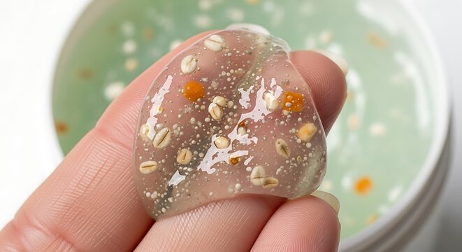 Translucent jelly with embedded grains held in fingertips, close-up