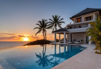 Fototapeta premium Luxury infinity pool merging with the ocean at sunset