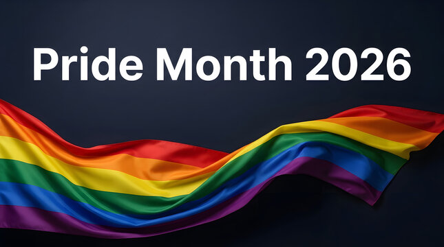 Pride Month 2026 rainbow fabric wave on dark blue background, representing LGBTQ pride, diversity, inclusion, equality and celebration.