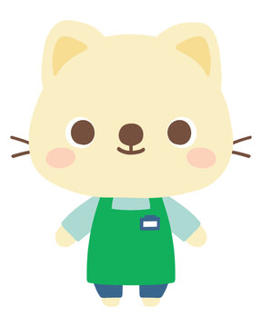 エプロン姿の猫店員　働く　動物　イラスト