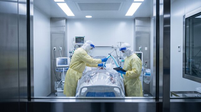 Medical team in PPE treating isolated patient inside negative pressure ICU room