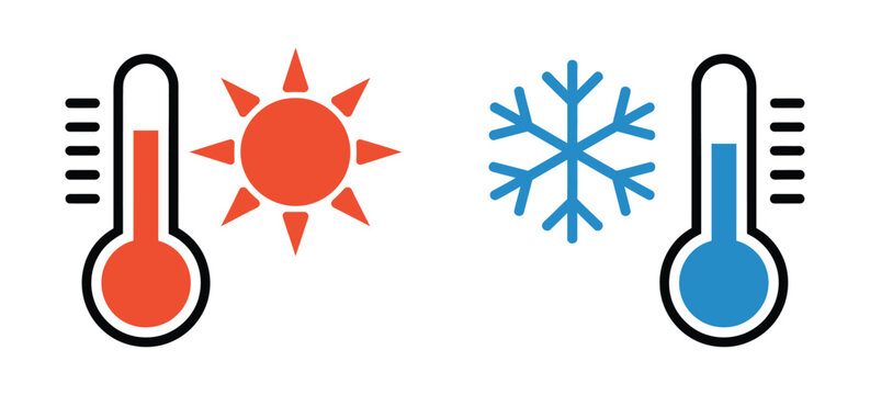 Hot and cold temperature concept, red thermometer sun and blue thermometer snowflake vector illustration, climate control and weather condition symbol design.