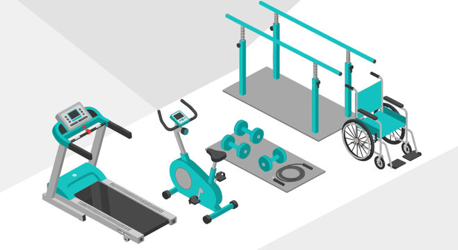Isometric Illustration Of Rehabilitation Equipment For Physical Therapy And Exercise