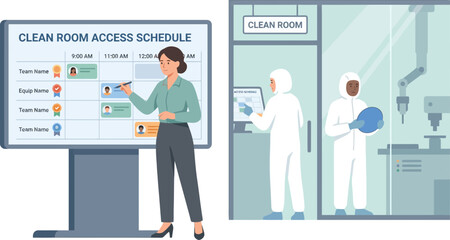 Obraz premium A woman presents a clean room access schedule to technicians in a laboratory setting.