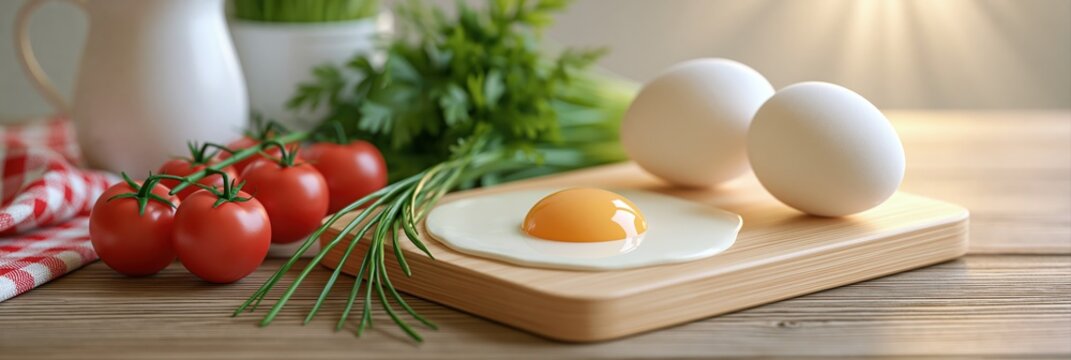 Fresh Breakfast Ingredients Fried Egg, Tomatoes, and Eggs on a Wooden Table