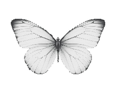 Retro halftone vector illustration of a delicate butterfly with circle dot pattern isolated on white background