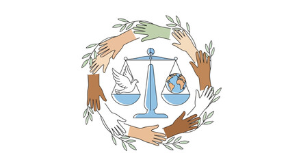 Obraz premium Diverse Hands Circle Around Scales of Justice, Globe, and Dove - Symbol of Equality & Peace
