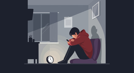 Fototapeta premium Lonely Person Stares At Phone In A Dimly Lit Room While Waiting For Somethings To Happen