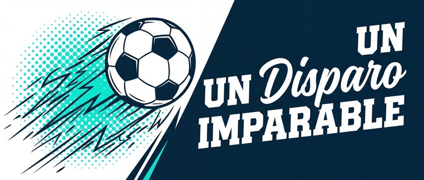 Soccer ball vector banner featuring dynamic flying action graphic, Spanish typography text Un Disparo Imparable, energetic pop art halftone background for football sports tournament promotion cover.