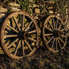 Fototapeta premium Close up of vintage bicycle wheels in grass.