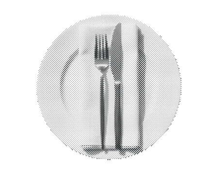 Retro halftone dining table setting with fork and knife wrapped in napkin isolated on white background