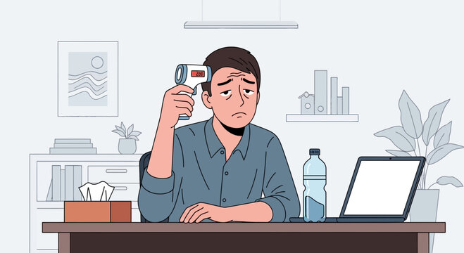 Man Assessing His Elevated Temperature Using a Digital Thermometer While Working