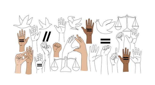 Diverse Hands Equality Justice Peace Symbols, Human Rights Advocacy and Social Justice Concept