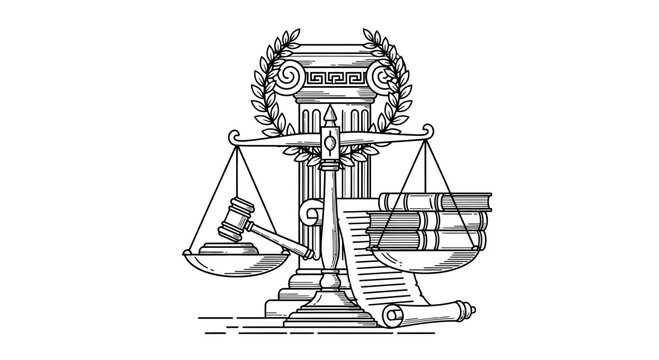 Scales of Justice with Gavel, Books, and Scroll, Symbolizing Law and Legal System