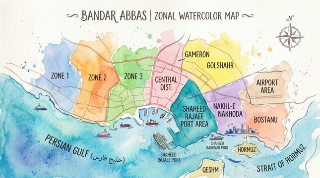 Opened ingredientArtistic Zonal Watercolor Map of Bandar Abbas City in Iran Featuring Persian Gulf and Strait of Hormuz