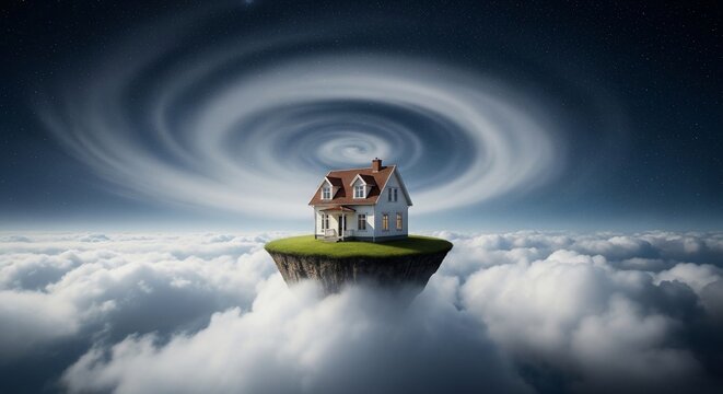 House floating on clouds with swirl.