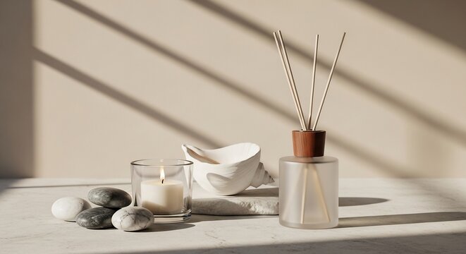Aromatherapy Reed Diffuser and Candle Set with Smooth Stones.