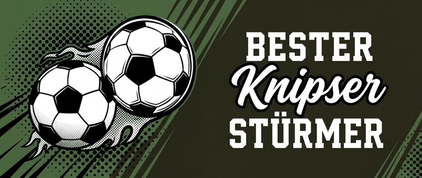 Soccer ball football comic banner with German text Bester Knipser St&uuml;rmer, flying flaming balls on green retro halftone background for sports graphic design, striker award, and goalscorer concept
