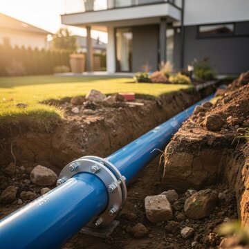 New blue utility pipe laid in a backyard excavation trench