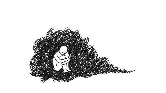 Sad stick figure sitting inside chaotic messy scribble tangle, boiling line art loop. Seamlessly looping video representing deep depression, anxiety, mental health struggles, and feelings of isolation