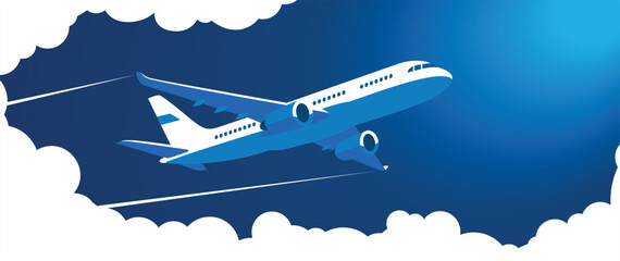 Fototapeta na wymiar Airplane in the sky flying between the clouds. Vector background with plane, sky and clouds for banner, poster, website header, landing page 