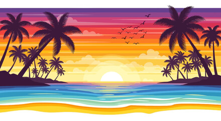 Fototapeta premium Tropical beach sunset with palm trees silhouettes and ocean waves.