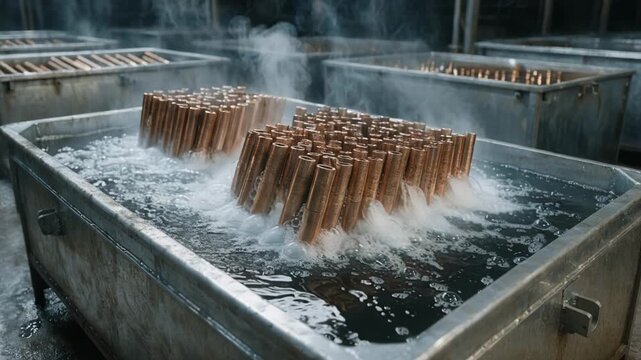 Medium shot of copper rods immersing in acid bath for pickling highlighting chemical reaction removing oxides and preparing metal surface for next manufacturing stage