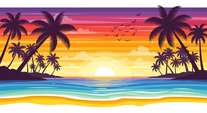 Tropical beach sunset with palm trees silhouettes and ocean waves.