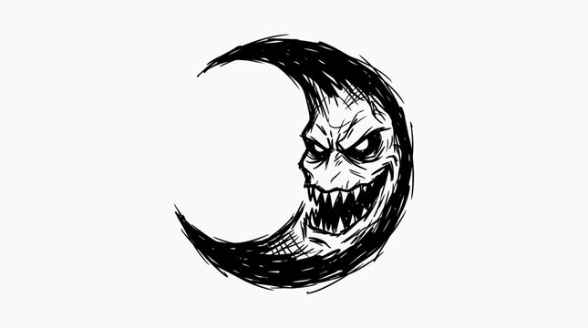 A spooky crescent moon with a scary face.