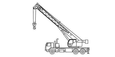 Outline of a mobile crane truck with its boom extended and hook lowered, isolated on a white background. © DCB Line Stocker