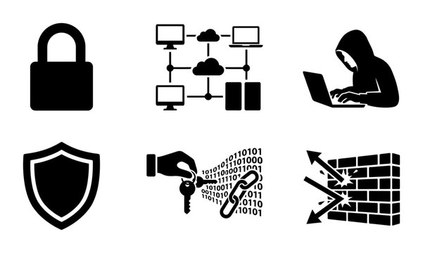 Cybersecurity Icons: Lock, Network, Hacker, Shield, Encryption, Firewall, Digital Security Vector Set