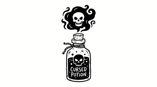 Black and white illustration of a cursed potion bottle with skull.