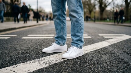 Fototapeta premium Person standing on pedestrian crossing line.