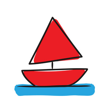 Simple hand drawn illustration of a red sailboat on blue water.