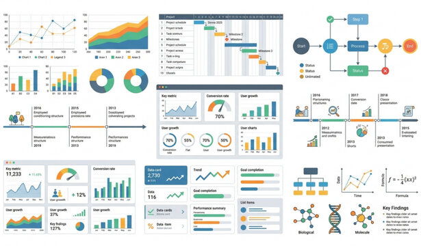 Flat infographic visualization elements timeline diagram stacked area chart and business analytics vector set