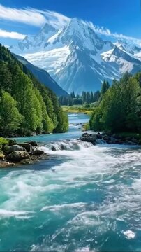 A pristine turquoise river flows rapidly through a lush, green valley towards massive, snow-covered mountain peaks under a clear blue sky in beautiful  river in the mountains