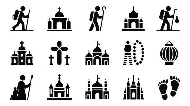 Set of 15 Black and White Camino de Santiago Pilgrimage Icons Vector