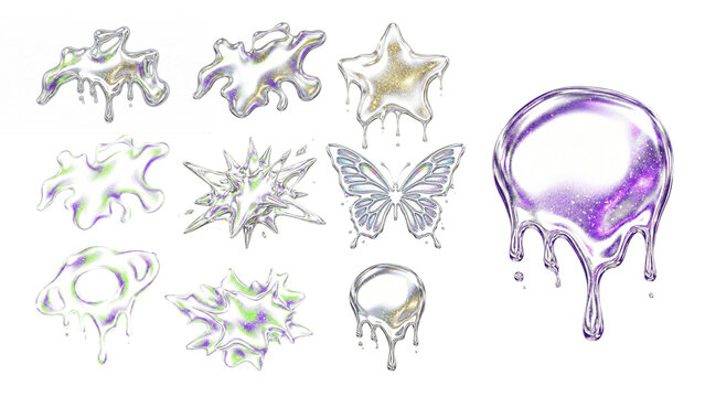 3D liquid chrome abstract shapes element set with holographic glitter on transparent background, Y2K aesthetic melting glass elements set with butterfly star planet and slime