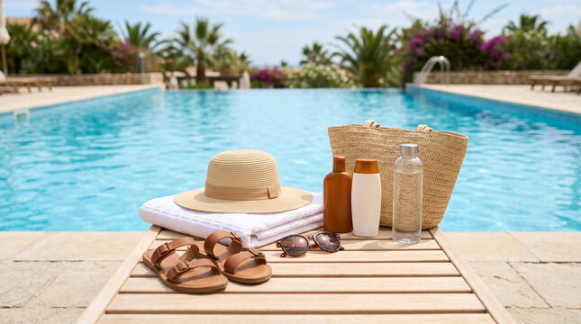 Poolside summer essentials with straw hat, sandals, towel, sunglasses, sunscreen, water bottle and beach bag beside swimming pool