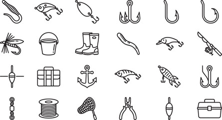 Fishing equipment and tackle outline icon set with rod, baits, and gear © Open Expression