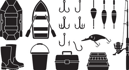 Fishing equipment and tackle silhouette icon set with boat, rod, and gear © Open Expression