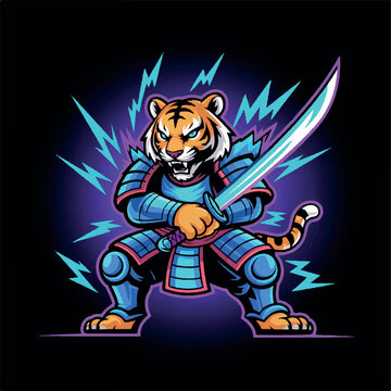 Cyber tiger robot with glowing eyes sitting on platform in futuristic setting Vector, illustration