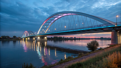 Naklejka premium Large modern illuminated bridge over a river at dusk scenic landscape
