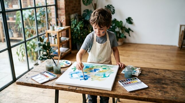 Focused young boy in an apron standing at a rustic wooden workbench painting a blue and green watercolor canvas, conveying freedom of self-expression and symbolizing creative growth.