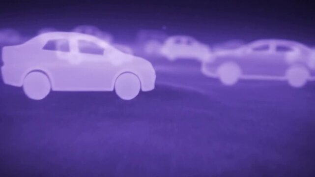 Vehicles travel on a digital futuristic road or Animated cars ride along highway in simulated environment