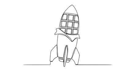 Minimalist single line drawing of a rocket ship on a white background, symbolizing launch and innovation. © Padel